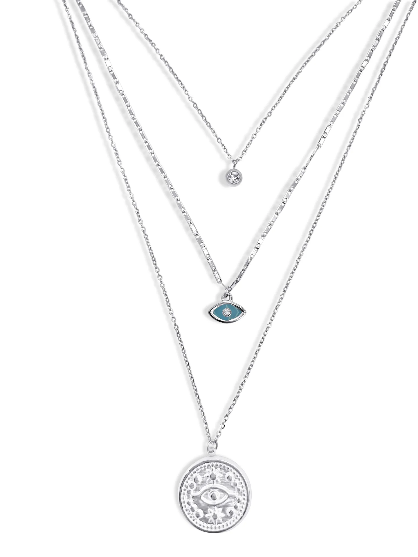 Κολιέ γυναικείο, από ανοξείδωτο ατσάλι, τριπλό, 43 εκατοστά+5εκατοστά αλυσίδα επέκτασης η κοντή αλυσίδα, με ζιργκόν & ματάκι βασκανίας, silverline, 0330342501